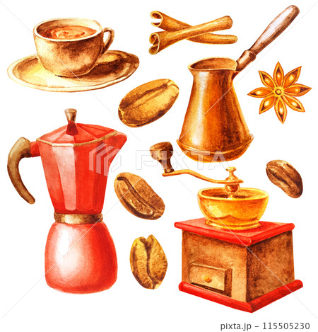 Coffee set with a red accent: geyser coffee maker, manual coffee grinder, cup of coffee, grains and spices. Hand painted in watercolor. 115505230
