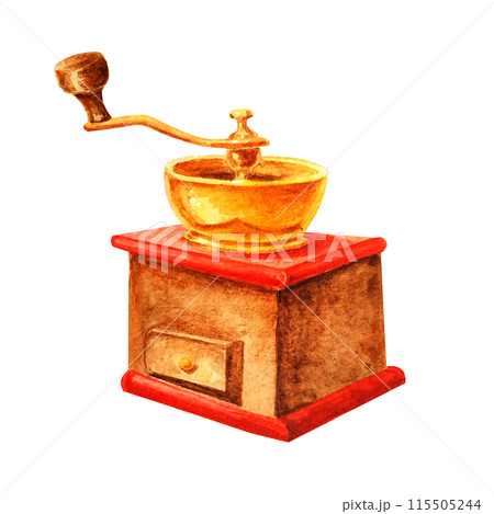 A manual coffee grinder on a wooden box with a red lid is hand-painted in watercolor. Isolate on white background 115505244