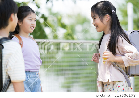 ランドセルを背負ってお友達と仲良く話す同級生の女の子の上半身 ランドセルを背負ってお友達と仲良く話す同級生の女の子の上半身 115506178