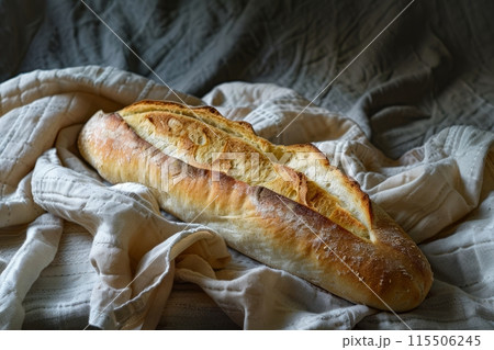 Rustic baguette on a cloth 115506245