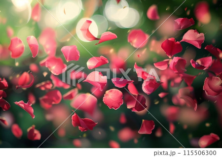 Floating red rose petals with a vibrant bokeh background Floating red rose petals with a vibrant bokeh background 115506300