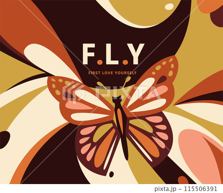 Butterfly card vector illustration. Color summer background with flying insect, simple wavy organic shapes and love yourself quote at the top. Copy space Butterfly card vector illustration. Color summer background with flying insect, simple wavy organic shapes and love yourself quote at the top. Copy space 115506391