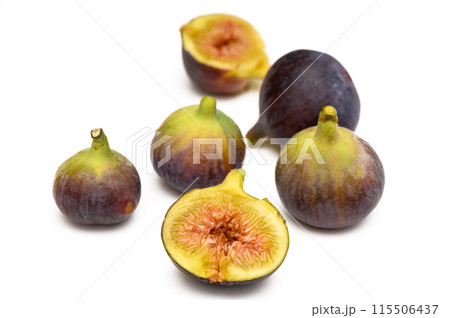 Fresh figs. Fruit with half and quarter isolated on white background. With clipping path. 7 115506437