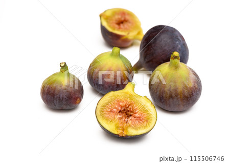 Fresh figs. Fruit with half and quarter isolated on white background. With clipping path. 6 115506746