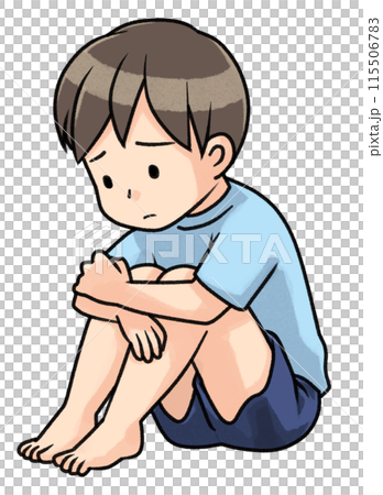 一個沮喪的男孩抱著膝蓋 115506783