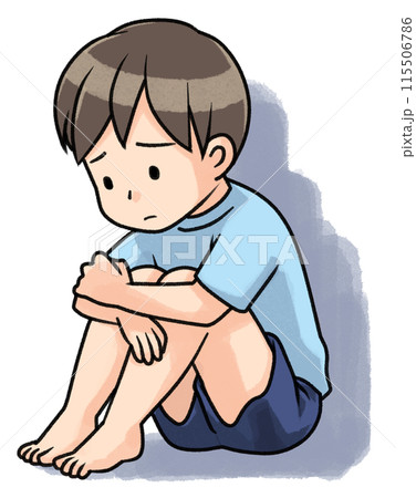 膝を抱えて落ち込む男の子（影付き） 115506786