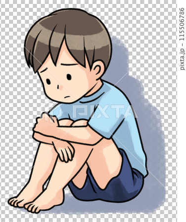 膝を抱えて落ち込む男の子（影付き） 115506786