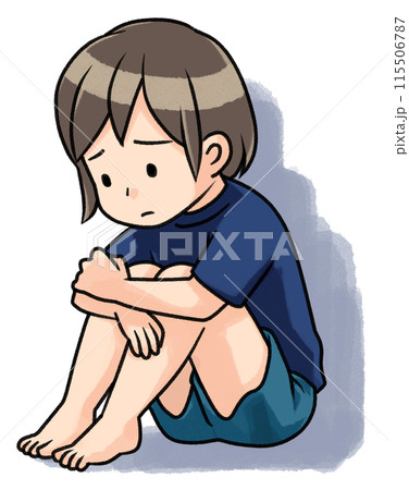 膝を抱えて落ち込む女の子（影付き） 115506787