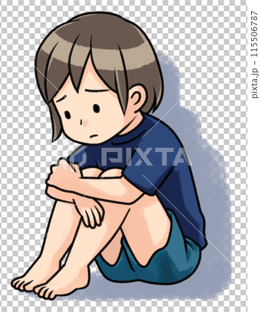 膝を抱えて落ち込む女の子（影付き） 115506787