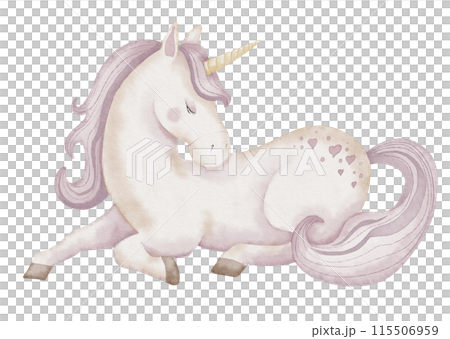 Unicorn watercolor illustration. Drawing of cute little Horse with horn for Baby shower greeting cards or childish birthday invitation. Pony for girls nursery wall art. Pastel Fantasy creature for kid Unicorn watercolor illustration. Drawing of cute little Horse with horn for Baby shower greeting cards or childish birthday invitation. Pony for girls nursery wall art. Pastel Fantasy creature for kid 115506959