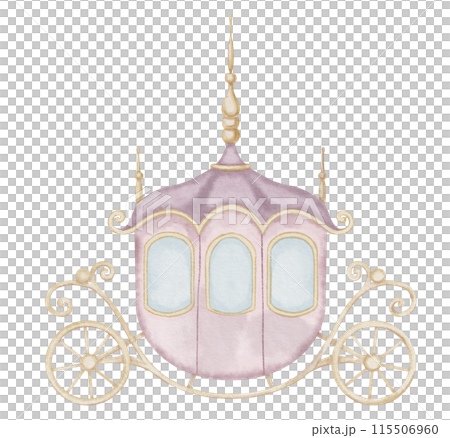 Charming Fairytale Carriage Watercolor Illustration in Pastel Colors. Enchanting Princess Coach for Nursery Wall Art an baby shower greeting cards. Drawing for girl birthday cards and childish design. 115506960