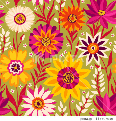 Floral Seamless Random Pattern of Vibrant Coloful Fantasy Flowers in Bohemian style in Yellow, Magenta, Olive Green, White. Purfect for Textiles, Surfaces, Wallpapers, Wrappings Paper, Fabrics. Floral Seamless Random Pattern of Vibrant Coloful Fantasy Flowers in Bohemian style in Yellow, Magenta, Olive Green, White. Purfect for Textiles, Surfaces, Wallpapers, Wrappings Paper, Fabrics. 115507036