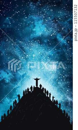 A digital painting depicting the ascension of Jesus Christ into heaven, surrounded by a crowd of followers, under a starry night sky. 115507132