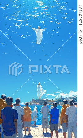 A vibrant depiction of Jesus Christ ascending into heaven, surrounded by white doves, as a crowd watches from the shore below. 115507137