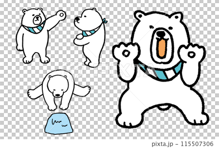 A cute line drawing of a polar bear wearing a striped scarf 115507306