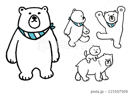 シマシマのスカーフを身に付けた線画のかわいいシロクマ 115507309