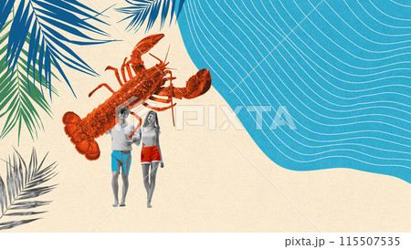 Couple in beachwear walking on sandy beach and holding hands, large red lobster hovers above them. Contemporary art collage. Couple in beachwear walking on sandy beach and holding hands, large red lobster hovers above them. Contemporary art collage. 115507535