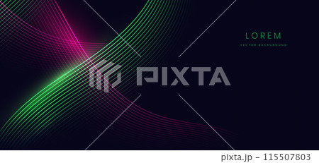 Abstract futuristic curved glowing green and pink light lines on black background. 115507803