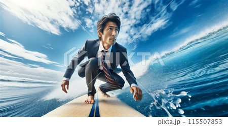 夏の海でサーフボードに乗るスーツを着たビジネスマン 夏の海でサーフボードに乗るスーツを着たビジネスマン 115507853