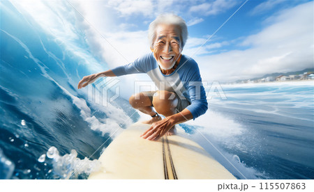 夏の海でサーフボードに乗るアクティブなおじいさんのイラスト素材