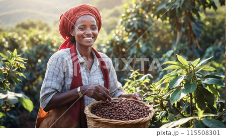 A woman farmer harvests coffee.Raw red coffee beans in the hands of a farmer. 115508301