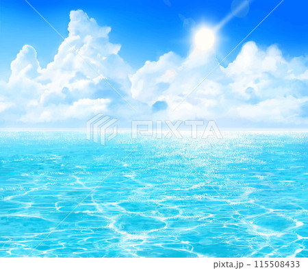 夏の海と輝く太陽ー雲のある青い空と海の美しい夏のビーチフレームイラスト素材 夏の海と輝く太陽ー雲のある青い空と海の美しい夏のビーチフレームイラスト素材 115508433