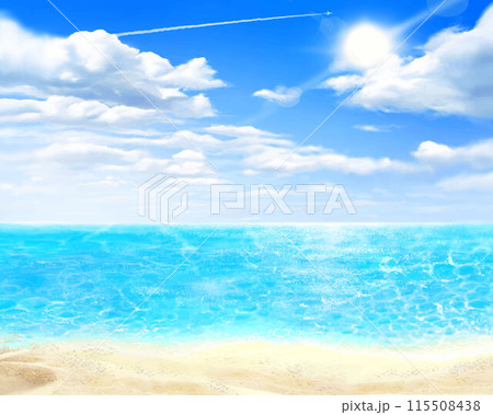 夏の砂浜とボヤけた雲のある青い空と海の美しいフレームイラスト素材 115508438