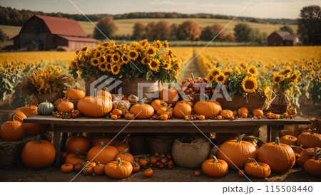 Vibrant autumn harvest. The countryside, farm has fresh produce with pumpkins. 115508440
