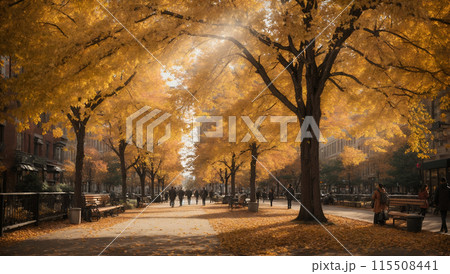 Early Morning Beauty in town. Sunrise Illuminating Autumn with yellow Foliage and Sunlight 115508441