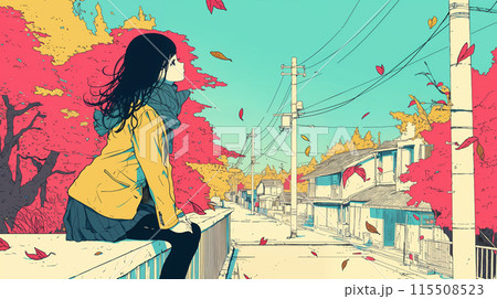 紅葉を眺める女子高生 115508523