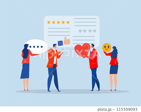 Customer Satisfaction concept, Customer giving rating stars and likes and positive feedback Review from tiny male and female clients flat Customer feedback vector illustration Customer Satisfaction concept, Customer giving rating stars and likes and positive feedback Review from tiny male and female clients flat Customer feedback vector illustration 115509093