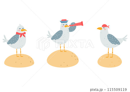 Funny seagull characters vector illustration. Simple cartoon style. 115509119