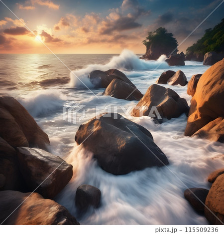 Sundown Majesty: Fantastic Coastal Rocks and Ocean Waves 115509236