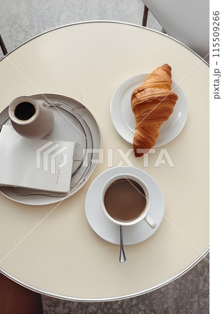 Bakery Bliss: Coffee and Croissant on White Table in Minimal Style Bakery Bliss: Coffee and Croissant on White Table in Minimal Style 115509266