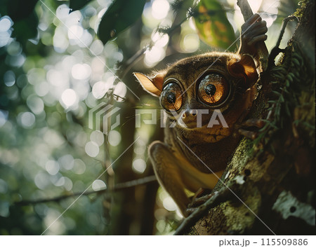 Close-up shot of a wide-eyed tarsier clinging to a tree branch in a lush, green forest, capturing its curious and adorable expression in natural light. Wildlife Animals. 115509886
