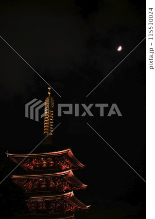 夏の夜空に向かって建つ浅草寺の五重塔 115510024