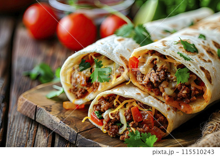 Traditional homemade beef burrito with vegetables on wooden table 115510243