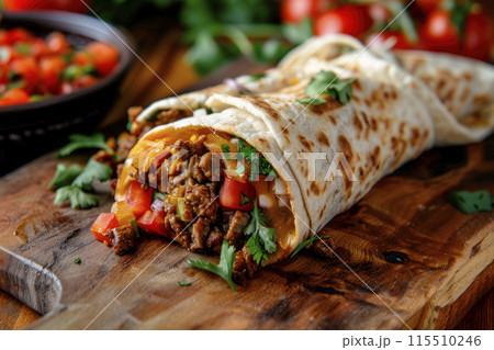 Traditional homemade beef burrito with vegetables on wooden table.Ai generative 115510246