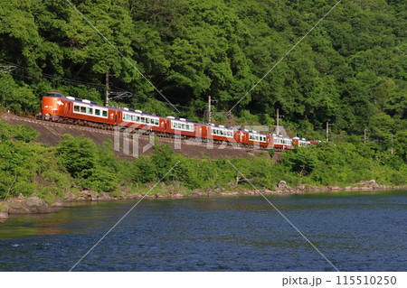 新緑の高梁川と伯備線特急やくも号（273系電車：岡山⇔出雲市） 115510250