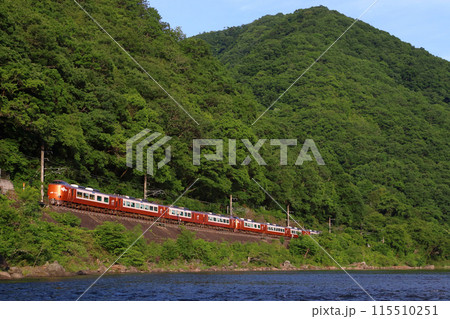 新緑の高梁川と伯備線特急やくも号（273系電車：岡山⇔出雲市） 115510251