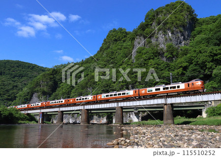 新緑の高梁川と伯備線特急やくも号（273系電車：岡山⇔出雲市） 115510252