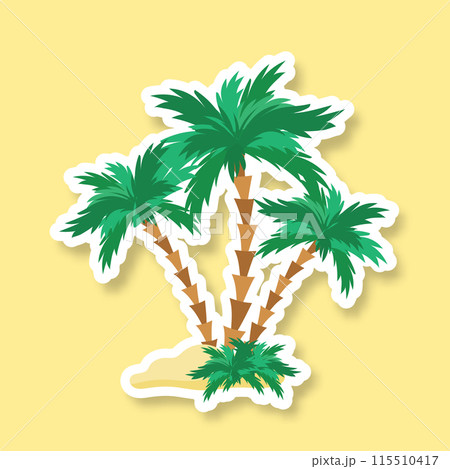 A sticker with an image of palm trees and sand on a yellow background. 115510417
