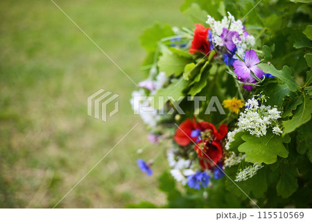 Vibrant Midsummer Floral Wreath. Midsummer, Solstice, day, bouquet, pagan witch traditions. 115510569