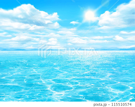 夏の海と輝く太陽ー雲のある青い空と海の美しい夏のビーチフレームイラスト素材 夏の海と輝く太陽ー雲のある青い空と海の美しい夏のビーチフレームイラスト素材 115510574