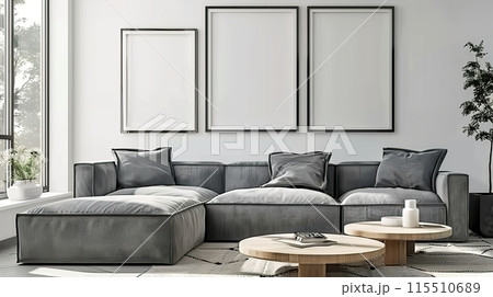 Modern Living Room with Minimalist Decor and Framed Art 115510689