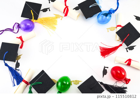 Graduation Celebration Concept. Top view of graduation caps, diplomas, and colorful balloons on white. Graduation Celebration Concept. Top view of graduation caps, diplomas, and colorful balloons on white. 115510812