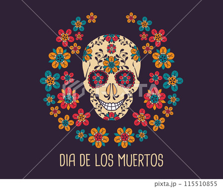 Dia de Los Muertos poster with decorated skull and flowers on a dark background. Mexican Day of the Dead. Banner with traditional Mexican floral elements. Vector Dia de Los Muertos poster with decorated skull and flowers on a dark background. Mexican Day of the Dead. Banner with traditional Mexican floral elements. Vector 115510855
