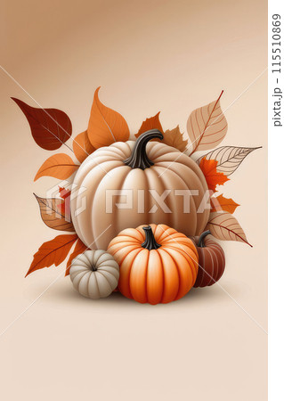 Thanksgiving halloween border frame background template, pumpkins and fall leaves on a beige background. 115510869