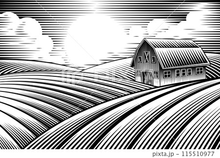 Farm Barn And Rolling Hills Vintage Woodcut Style 115510977