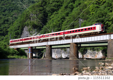 新緑の高梁川と伯備線特急やくも号：381系電車（岡山⇔出雲市） 115511102